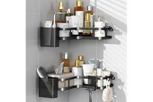ZVZM Duschablage Ohne Bohren Schwarz Eckregal, 2 Stück Duschregal Schwarz Ecke, Badezimmer Organizer mit 4 Haken, Shower Shelf Dusche Zubehör, Shampoo Halterung für Dusche für Badezimmer.