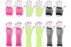 Yolev 6 Paar Netzhandschuhe Neon Fischnetz Handschuhe Lange Kurze Fingerlose Handschuhe Elastisches Netz Vintage Fishnet Gloves Halloween Damen Mädchen 80er 90er Jahre Accessoires Bekleidungszubehör