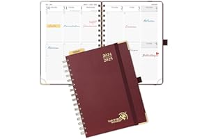 POPRUN Agenda 2024 2025 Semainier 21 x 16,5cm, Planner Vertical Scolaire 17 Mois D'août 2024 à déc 2025 avec Couverture Rigide Spirale, Poche intérieur, Papier Certifié FSC®80 g/m² - Bourgogne