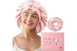 LitBear 100% Mulberry Silk Bonnet for Sleeping Women, 22 Momme Double-Layered Grade-6A Silk Hair Bonnet for Sleeping, Hair Cap for Sleeping with Tie Band on Head, Includes Scrunchie(Pink)