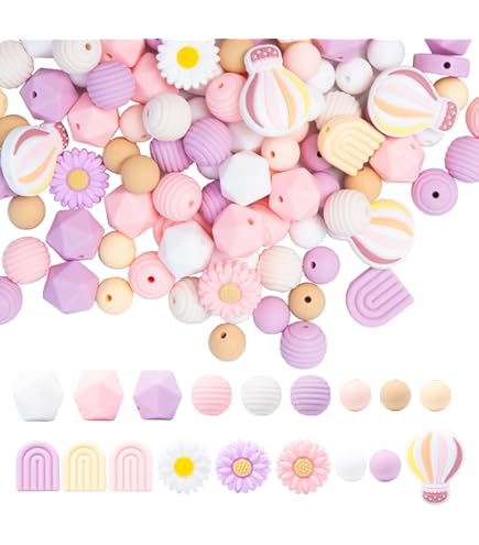 110 stuks bloemenvormige siliconen kralen, rond, losse knutselkralen, bulk, madeliefjes, 4 kleuren, bloemen, kralen met nylon touw voor doe-het-zelf sleutelhangers, handwerk, sieraden maken