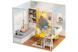 OSDUE Miniaturowy domek dla lalek z meblami, mini kuchnia, gabinet, model puzzli 3D, drewniany zestaw budowlany ze światłami LED, zestaw rzemieślniczy dla dorosłych, półka na książki, dekoracja,