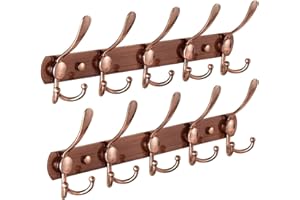 FairyCity Coat Hooks Wall Mounted, Metal Heavy Duty Coat Hooks Rail,5 Tri Hooks Wall Coat Hanger Rack for Bedroom,Bathroom Dorm Hanging Towel Clothes Hat Jacket etc (Bronze-2 Pack)