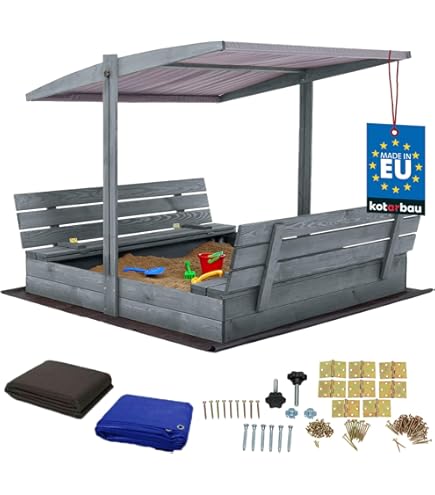 DREAMADE Sandkasten Aus Zedernholz - 126x126cm Mit 4 Sitzbänken, Für Garten & Outdoor