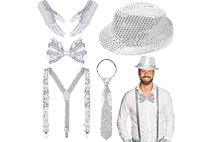 TUIBEIDAMAI Glitzer Outfit Herren,Glitzer Kostüm Accessoires Herre,mit Pailletten Hosenträger, Fliege, krawatte,Handschuhe,Pailletten Kostüm für Fasching Party Dance Performance