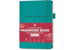 Legend Planner Password Book with Alphabetical tabs. Internet Address Keeper Logbook. Journal for Website Logins, Medium 13x19.5cm (Turquoise)