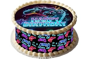 BYHSOEP Tortendeko Essbar Gamer Neon mit Tortenaufleger Gaming Ø 20cm und Tortenband Game 4 Stück á 24cm x 5cm Passend für Torten, Kreative Dekoration für Torten, Kuchen Deko Tortendeko für Geburtstag Junge
