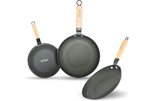 Lätt Home - Set Padelle in Ghisa Antiadente 20, 24 e 28 cm - Per Induzione, Gas, Vetroceramica, Elettrico, Forno e Lavastoviglie - Manici Removibili in Legno Chiaro - Senza PFOA e PTFE