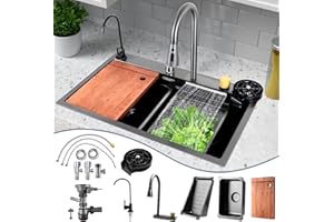 Ozonlife Évier Cuisine Cascade Evier Multifonction 1 bac Noir Lavabo de Cuisine Amélioré Inox Professionnel Moderne Éviers de Restaurant Barre Égouttoir Rince Verre Robinet Extensible 75x46 KEY010FR