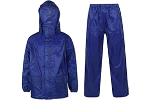 A2Z 4 Kids Boys Girls Waterproof Hooded Rain Suit with Matching Carry Bag Lightweight Jacket & Trouser Set with Pockets Kids Rainwear in Black Navy Royal Blue & Lilac Ages 3 to 14 Years
