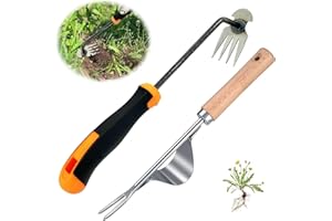 DONGZQAN Lot de 2 désherbants en acier inoxydable - Avec manche et manche en caoutchouc - 4 dents