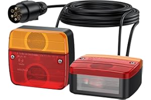 Justech 2PCS Luces Traseras Remolque con 7,5m Cable y 7 Pin Conector 12V Bombillas Piloto Trasero de 5 Funciones Luz de Matrícula Placa Trasera Luz de Freno para Remolque Camion Caravan E-Mark