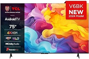 TCL 75V6BK 75-inch 4K Ultra HD, HDR TV, Smart TV Powered by Android TV (Dolby Audio, Voice Control, Compatible with Google Assistant, 2024 New Model)