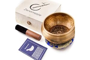 Zenamaste • Tibetische Klangschale, Meditation, handgefertigt in Bhaktapur (Nepal) – 450 g ø 11,5 cm – Zen-Box – Nepalesisches Papier – Kissen Klangschale (Antike Chakra) – Holzhammer