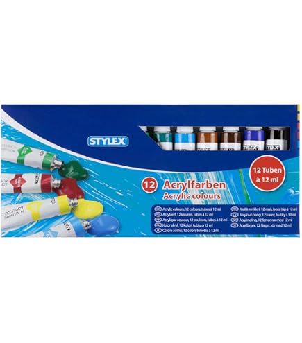 Stylex 28614 - Set di colori acrilici, 10 tubetti da 83 ml, 10 colori a base d'acqua, resistenti alla luce e all'acqua, asciugatura rapida, forte potere coprente, per tela, carta e pietra