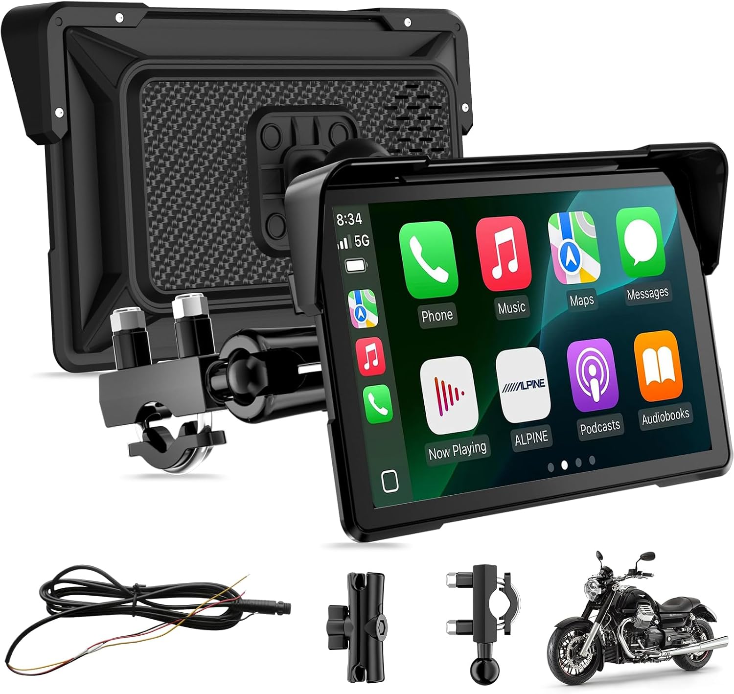 7 Pulgadas Pantalla Carplay de Motocicleta, IPX67 Impermeable, para CarPlay y Android Auto con Bluetooth Dual, Control de Voz, GPS, Detección de presión de neumáticos