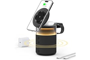 BLKE MAX Altoparlante Bluetooth 3 in 1 con luce notturna e stazione di ricarica induttiva – compatible con iPhone 17/16/15/14/13/12 Pro Max, Apple Watch e Earbuds con ricarica wireless, adattatore da 33W Nero