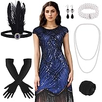 FEPITO Flapperjurk, V-hals, jaren 20, pailletten, parels, franjes, met accessoireset, stijl 5