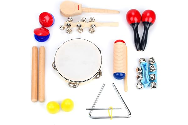 Instrument de Musique Bebe 16 Pièces de Boxiki Kids, Rythmiques et Jouets Musicaux pour Les Tout-Petits 1-3 Ans y Compris Clave Sticks, Shakers, Tambourin, Wrist Bells & Maracas for Kids.