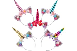 EKKONG Serre-Tête Licorne pour Fille Enfant, Bandeau Licorne Coloré avec Fleurs, Deguisement Costume Licorne pour Fête Cosplay Birthday Party Favors Halloween, 5PCS Pack