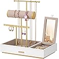 SONGMICS Jewellery Stand, Metal Jewellery Earring Organiser, Jewellery Display Stand with Mirror, with Earring Bracelet Holder, Necklace Stand, for Rings, Gift Idea, White and Gold JJS022W01