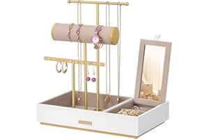 SONGMICS Jewellery Stand, Metal Jewellery Earring Organiser, Jewellery Display Stand with Mirror, with Earring Bracelet Holder, Necklace Stand, for Rings, Gift Idea, White and Gold JJS022W01