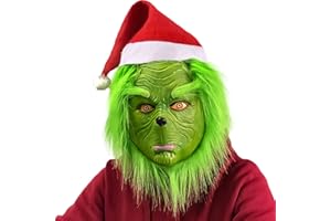 MULEVIP Grinch Maske Erwachsene,Grinch Kostüm,Grinch Maske,Weihnachten Kopfbedeckung Latex Performance Requisiten(Pelzige Grüne Weihnachtsmannmaske + Rotem Hut)
