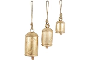 Deco 79 Cloches de Vache décoratives en métal d'inspiration tibétaine avec Corde de Suspension en Jute, Lot de 3 25,4 cm, 20,3 cm, 15,2 cm de Hauteur, doré