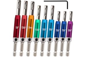 K Kwokker 9PCS Hinge Drill Bit Set, Self Centering Drill Bit Set 1/4" Hex Shank High Speed Steel(HSS) for Hinges Hardware Pilot Hole Drill Bit Cabinet Wood Window Door Pilot Hole Woodworking Tools