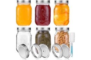 YUEYEE Glass Mason Jars with Lids,Food Storage Jars 16oz / 450ml for Homemade Food Preserving Jam,Honey Yogurt,Pickle and Beans Canning Jars with 18pcs Spare Lids 6 Pack Overnight Oats Jar