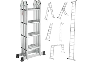 HER PRO Escaleras Plegables Aluminio, Escalera multiposicion multifuncion, Escalera Articulada Plegable de Aluminio de 4x4, hasta 2,26 Metros en Tijera y hasta 4,70 Metros extendida.