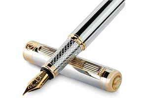 Scriveiner Silver Chrome Fountain Pen - Stunning Luxury Pen, Real Gold Plating, Schmidt Gilded Nib (Medium), Best Pen Gift Set for Men & Women, Professional, Executive Office, Nice Designer Pens