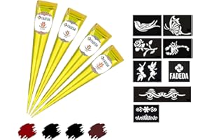 4 x FADEDA Henna Cones | 4 x 25 g Natural Paste | 2 x Black, 1 x Natural Brown, 1 x Chestnut Brown | 8 Different Sticker Stencils | 100% Vegetable | Ready to Use & without PPD