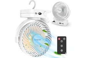 Simpeak 10000mAh Camping Ventilator Tischventilator, Mini USB Ventilator leise, Clip Fan mit Fernbedienung und LED Licht [3 Geschwindigkeit] [720° Drehung] - Weiß