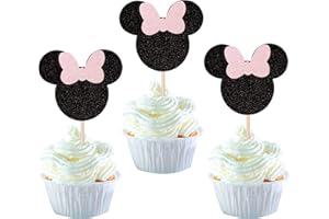 SYKYCTCY 24 Stück mini Maus inspiriert Geburtstag Tortendeko mini Maus Happy Birthday Cake Topper mini Maus mit Schleife Maus Kuchendekoration für mini Happy Birthday Party Kuchendeko schwarz und rosa