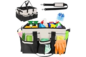 Qivine Grand Panier Rangement de Nettoyage, 5 Compartiments Seau de Rangement avec Séparateur Réglable, Organisateur de Caddie Sac de Nettoyage avec Poignée pour la Maison et la Voiture (Blanc)