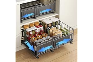 HABITELLO Cassetto Estraibile per Cucina, Organizzatore in Metallo con Cassetti Telescopici, Salvaspazio per Dispensa e Armadio, Larghezza Regolabile da 32.5 a 50cm (Style A Nero, 2 Pezzi)