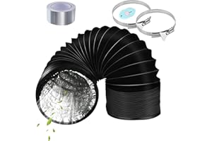 URHRHU 125mm Air Ducting Tumble Dryer Vent Hose 2m Length Aluminium PVC Ventilation Air Ducting Flexible Ducting Pipe Black with 5m Aluminium Tape and 2 Steel Clamps for Cooker Hood Extractor Fan