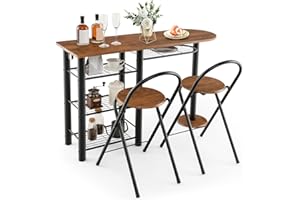 HOMASIS Bartisch mit 2 Barhocker Set, Bartisch-Set mit 4 Lagerregal, Esstisch mit 2 Stühle, Küchentisch mit 2 Klappbarstühlen, Küchentheke Essgruppe Sitzgruppe für Wohnzimmer Esszimmer (Braun)