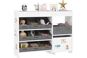 AIYAPLAY Estantería para Juguetes para Niños Organizador Infantil con 11 Cestas Extraíbles Compartimentos y Láminas de Pegatinas para Guardería Sala de Juegos 105x30x80 cm Blanco