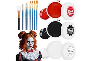 YCAAEO 150g Pittura Viso Nero Bianco Rosso per Halloween,Halloween Clown Zombie Trucco Con 11 Spazzola,SFX Trucco per Effetti Speciali in Bianco Nero Per Halloween,Feste,Cosplay,Bambini Adulti