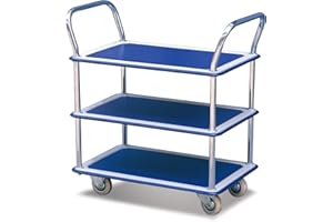 T-EQUIP Etagenwagen, ETW-3-120, 3 Etagen, Silber/Blau, 120 kg Tragkraft, 74 x 48 cm Plattform, Servierwagen, Service Trolley