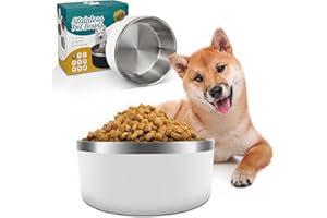 IKITCHEN Dog Bowl for Food and Water, 64 Oz Stainless Steel Pet Feeding Bowl, Durable Non-Skid Double Wall Insulated Heavy Duty with Rubber Bottom for Medium Large Sized Dogs (64 Ounces/8 Cup, White)