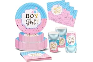 Nkaiso Gender Reveal Party Piatti, 96Pezzi Blu e Rosa Baby Shower Stoviglie per Feste, Gender Reveal Supplies per Piatti Bicchieri Tovaglioli Feste Compleanno Decorazioni -24 Ospiti