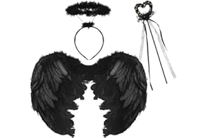 ZECOUK Ali Angelo, Ali di Piuma con Aureola Angelo e bacchetta magica, Ali Angelo Nero per Bambino Adulto, Ali d Angelo Costume per Costumi da Festa Cosplay di Carnevale di Halloween