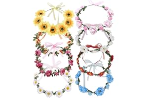 YOOSIT 8 Pack Flower Crown Floral Wreath With Ribbon Headbands Hair Garland Wedding Bridal Headpiece Tiara Rose Flower Sunflower Daisy Hairbands Hawaiian Party Accessories for Women Girls
