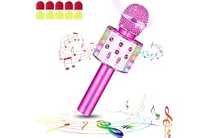 laqula Micrófono de Karaoke Inalámbrico Bluetooth con Luces LED Portátil de Mano para Cantar Karaoke Máquina de Altavoz Regalos para Niños Adultos (Violeta, con 10 Cubiertas de Micrófono Desechables)