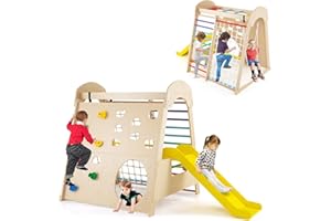 COSTWAY Kids Climbing Frame, 8 in 1 Wooden Jungle Gym with Climbing Rock/Net, Ladder, Slide, Swing, Monkey Bars, Indoor Montessori Climber Playset for 3+ Years Old (Multicolor)
