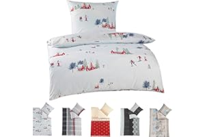 ‎BASATEX BaSaTex Feinbiber Winter Bettwäsche warme und kuschelige Bettgarnitur und Kissenbezug 135x200 + 80x80 cm | 100% Baumwolle | Alpin - Winterlandschaft - Weiß Rot Grün