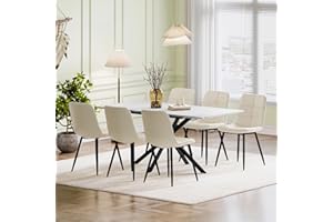 Luxstein Extendable Dining Table and Chairs Set of 6, Marble Effect Rectangular Table with Upholstered Faux Leather Chairs for Dining Room,Kitchen